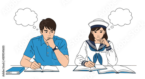Male and female students in school uniforms sitting at desks and focused on studying with thought bubbles above their heads while writing.