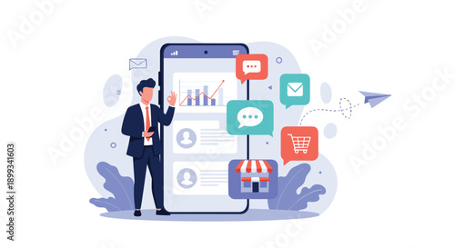 Businessman standing next to a large smartphone displaying charts while colorful bubbles with icons for chat, mail, cart, and shop float around.