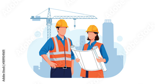 Male and female construction workers in safety vests and hard hats holding a blueprint in front of a building site with a crane.