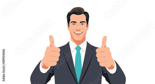 Confident businessman in a dark suit and blue tie smiling broadly while giving two thumbs up as a sign of success and approval.