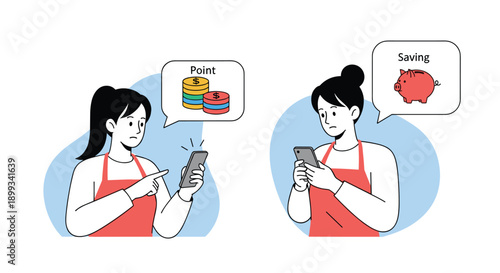 Young woman in an apron looking at her phone while contemplating saving money in a piggy bank and collecting reward points with coins.