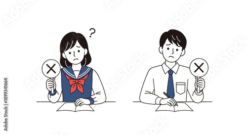 Male and female students in school uniforms sitting at desks and holding round signs with an X mark while looking sad and discouraged.