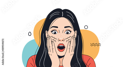 Close-up portrait of a woman with long dark hair looking extremely shocked and surprised with her hands held against her cheeks.