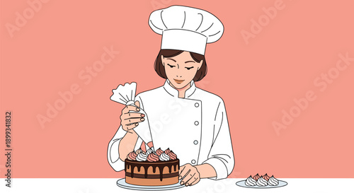 Professional female pastry chef in a white uniform decorating a delicious chocolate cake with whipped cream.