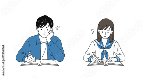 Junior high school students looking troubled and sweating while studying at their desks with open books.
