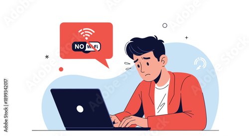 Worried man looking at his laptop screen with a no wi-fi message bubble indicating connection problems at work.
