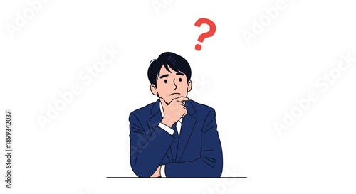 Businessman in a navy blue suit looking thoughtful with a red question mark above his head while at work.