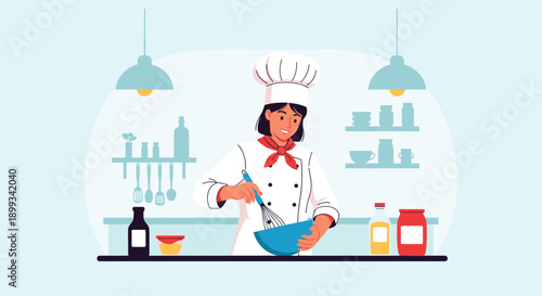 Professional female chef in a white uniform whisking ingredients in a blue bowl in a modern kitchen environment.