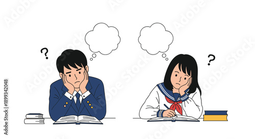 Boy and girl students looking confused and thinking hard while studying with open books at their school desks.
