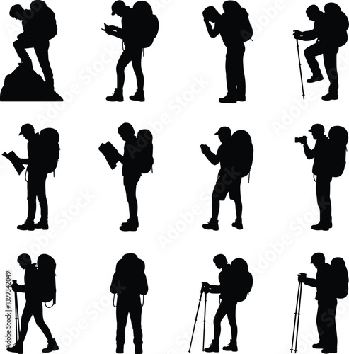 Hiker silhouettes in outdoor activities, backpacking poses and trekking gear concept, adventure lifestyle theme, flat vector illustration, nature exploration
