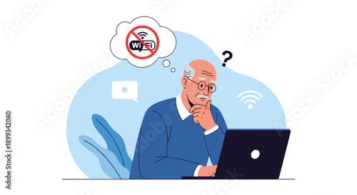 Elderly man looking confused at a laptop with a thought bubble showing a no wi-fi signal icon in his home.