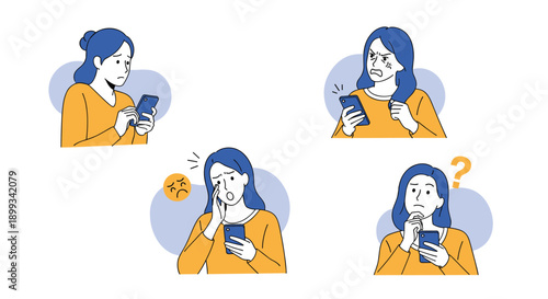 Four panels of a woman with blue hair using her smartphone with various emotions and reactions to digital content.
