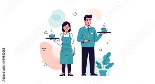 Male and female cafe staff in uniforms holding trays with hot cups of coffee and smiling at customers.