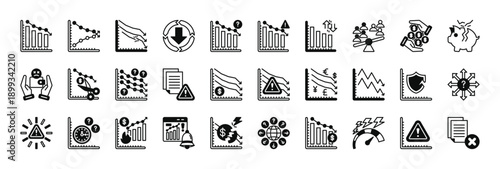 economic uncertainty icon set collection in mixed style. icon set consist of falling chart, volatile chart, broken arrow, downward arrow, question chart, warning graph, bar volatility