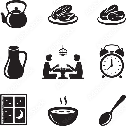 Ramadan iftar meal icons set silhouette featuring dates tea kettle clock lantern and people sharing food