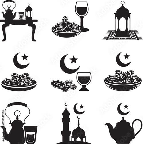 Ramadan iftar table decoration, beautiful dinner setup with food, dates, water, festive party scene, silhouette vector illustration, flat minimal design, cultural celebration