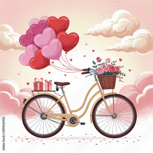 Romantic Vintage Bicycle with Heart Balloons and Rose Basket - Whimsical Pastel Illustration