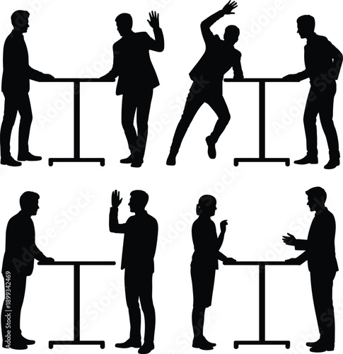 Business interaction silhouettes at high tables, professional gesture and posture concept, workplace communication theme, team discussion, flat vector illustration