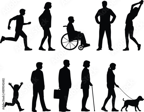 Inclusive people silhouettes in daily activities, diverse posture and age representation, mobility and lifestyle concept, flat vector illustration