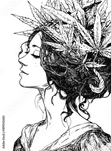 Dreamy Art Nouveau woman in marijuana leaves wraith,  beautiful vintage portrait as black and white sketch on cannabis theme 