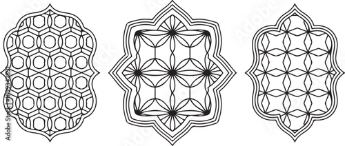 Ramadan window with pattern. Arabic architecture vector shape in mosque. Arabesque arch frame with ornament