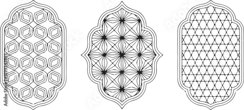 Ramadan window with pattern. Arabic architecture vector shape in mosque. Arabesque arch frame with ornament