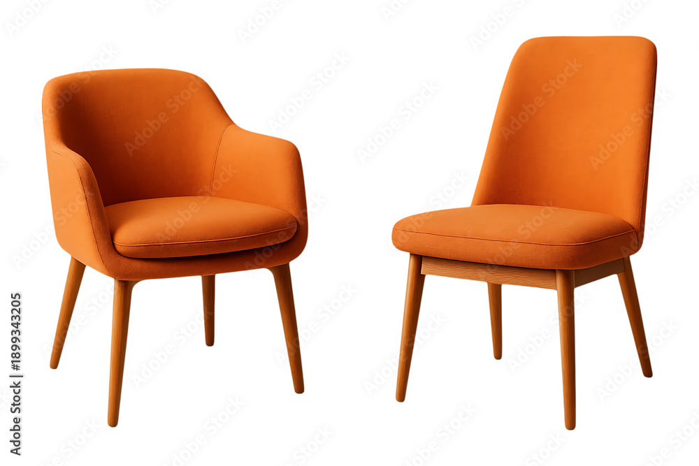 Fototapeta premium Two orange upholstered chairs modern style on transparent background