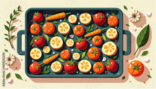 Vibrant assortment of tomatoes, lemons, and carrots arranged on a baking tray with herbs