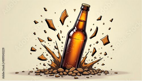 Cartoon beer bottle breaking apart with shards and splashes on a light background