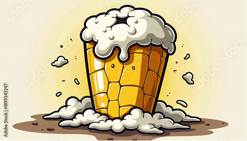 Creative cartoon ice cream cone with overflowing whipped cream on a light background