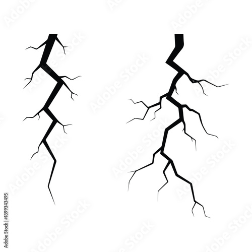 Cracked ground and lightning crack silhouette set, ideal for disaster, earthquake, power, damage and abstract design concepts. Isolated on transparent background.