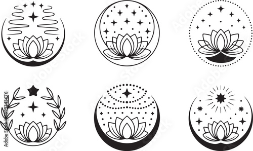 Set of Crescent moons with lotus flower, Flower Moon, Floral magic celestial clipart, Blooming Lotus Moon with Stars, Moon Phases