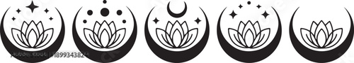 Set of Crescent moons with lotus flower, Flower Moon, Floral magic celestial clipart, Blooming Lotus Moon with Stars, Moon Phases