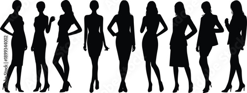 Fashion model silhouettes in stylish poses, elegant women in dresses, high heels, runway stance, vector art, black and white – flat vector illustration
