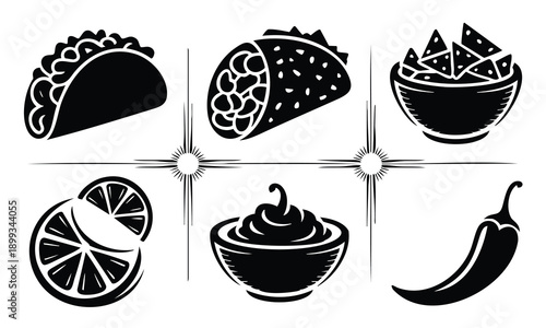 Mexican food icons silhouette set bundle cinco de mayo