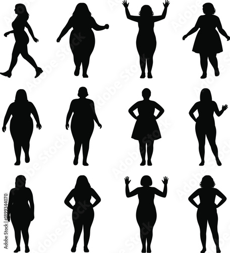 Female body shape silhouettes set diverse plus size women poses black flat vector illustration isolated on white background design collection