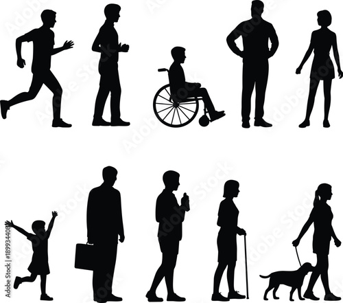 Silhouettes of diverse people in motion, walking, running, wheelchair, elderly, child, dog walker, vector art – flat vector illustration