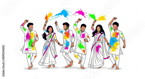 People celebrating Holi festival throwing colorful powder vibrant illustration of Indian culture and joy isolated on white background