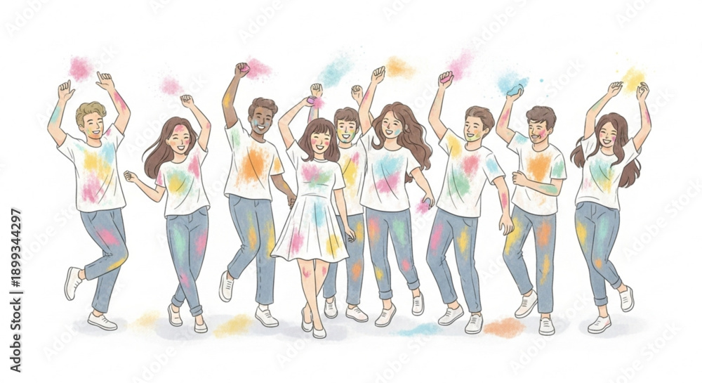Obraz premium Diverse group of young people celebrating Holi festival with colorful powder joyful outdoor activity illustration for cultural events and celeb