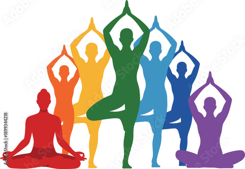 Gradient rainbow yoga silhouettes in tree and meditation poses, mindfulness and wellness concept, diversity and balance theme, flat vector illustration