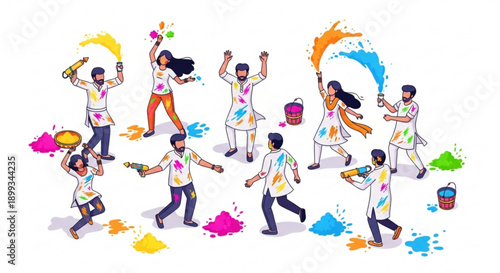 People celebrating Holi festival with colorful powder and water guns joyful outdoor activity vibrant Indian culture illustration