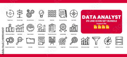 Data analyst icon set. 25 line icons for data visualization and business reports.