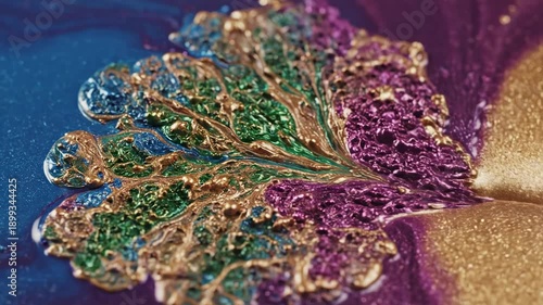 Abstract background featuring swirling metallic blue purple and gold paint mixing together