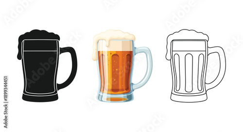 Beer mug icon set shown in solid black silhouette, realistic color illustration, and outline drawing styles