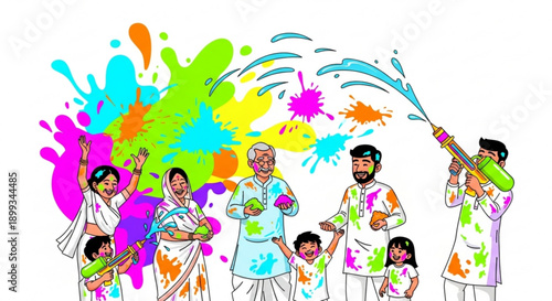 Happy Indian family celebrating Holi festival with colors playing with water guns and powder joyful outdoor celebration concept