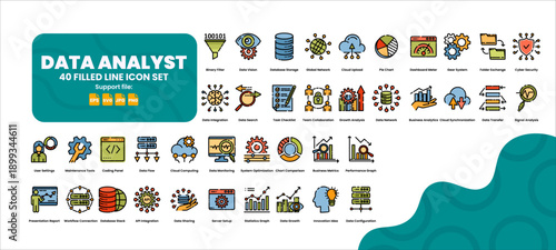Data analyst icon set. 40 filled line color icons for data visualization and analysis.