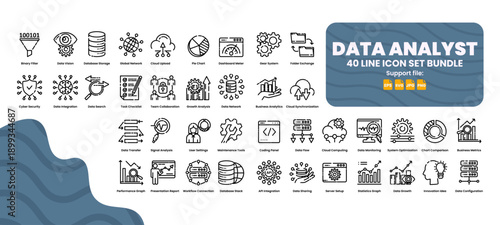 Data analyst icon set. 40 line icons for data visualization and analysis.