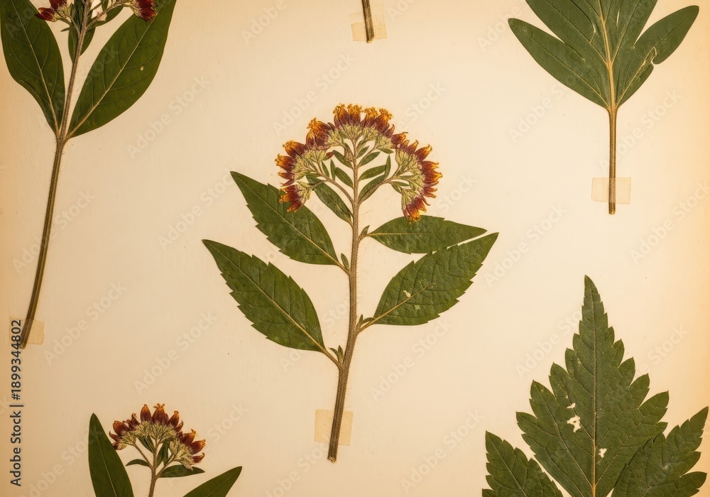 Obraz premium Detailed view of botanical samples from a natural history collection, pressed onto aged archival paper for scientific study and documentation, conservation, specimen, botanical