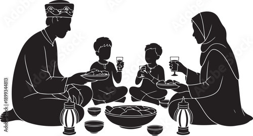 Silhouette of a Muslim Family Having Iftar Dinner Together, Ramadan Community and Tradition Illustration