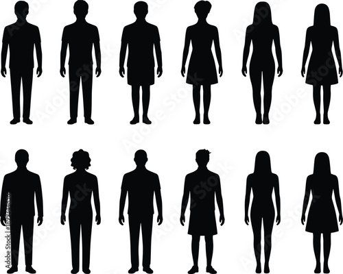 Male and female human silhouettes standing front view isolated on white background flat vector illustration for people diversity concept